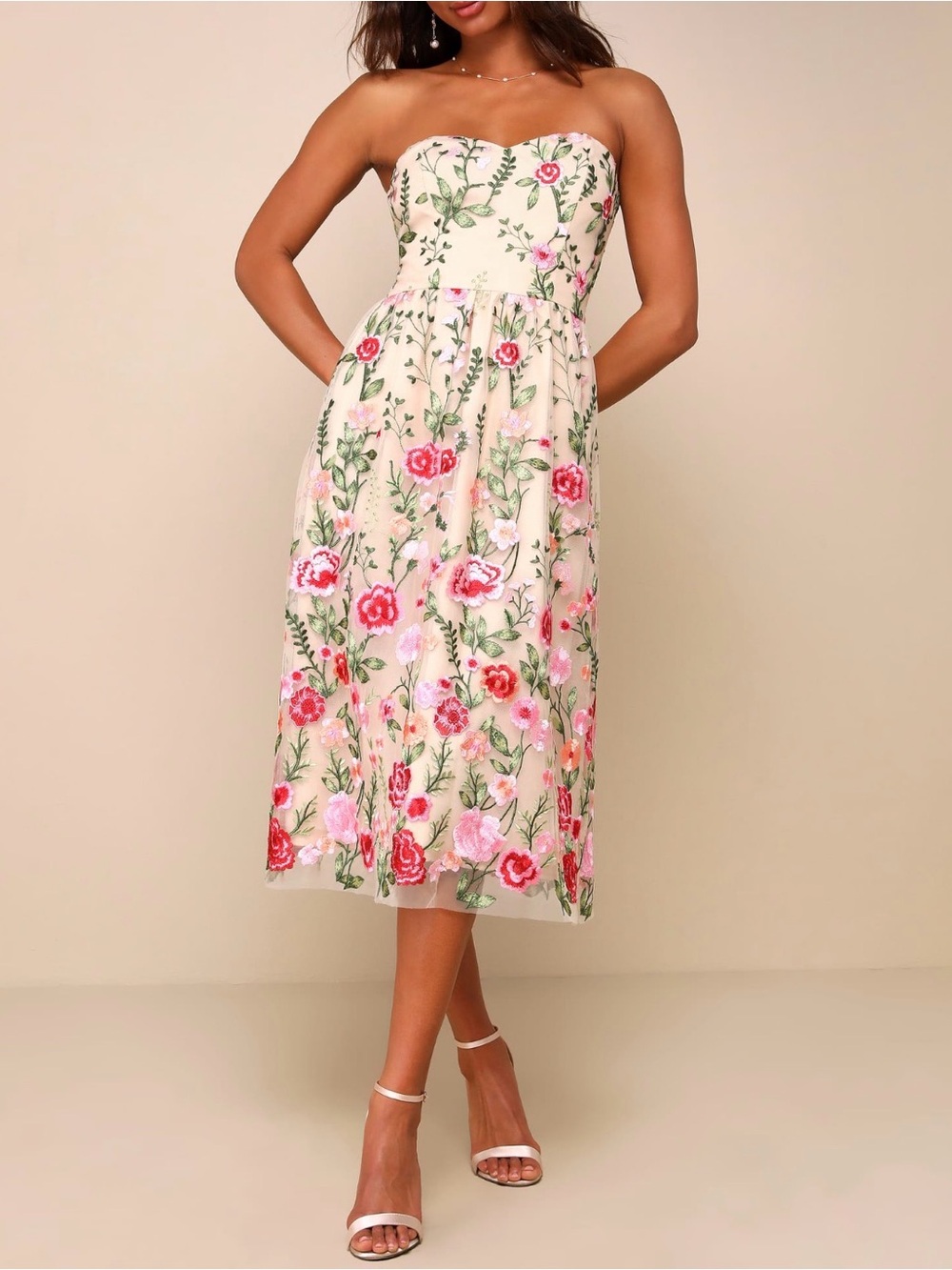 Lulu's Endless Praise Beige Floral Embroidered Strapless Midi Dress NWT Fairy